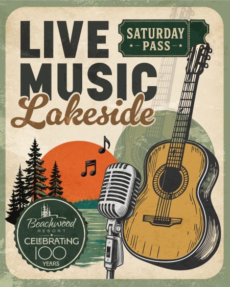 Beachwood Live Music Lakeside Poster for a lakeside live music event features a guitar and vintage microphone. Pine trees and a sunset in the background evoke a nostalgic vibe.