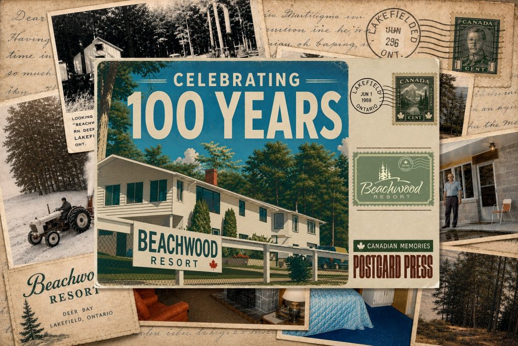 Collage celebrating 100 years of Beachwood Resort, featuring vintage photos, a postcard, stamps, and the resort's logo. Historic and nostalgic tone.