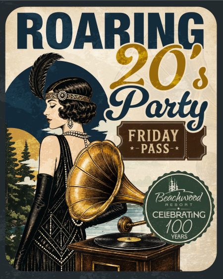 Beachwood Roaring Twenties Party Art deco poster for a "Roaring 20's Party" with a flapper woman, vintage gramophone, and trees. Promotes Beachwood Resort's 100th anniversary.